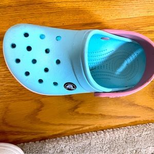 Light blue and pink crocs size J1
